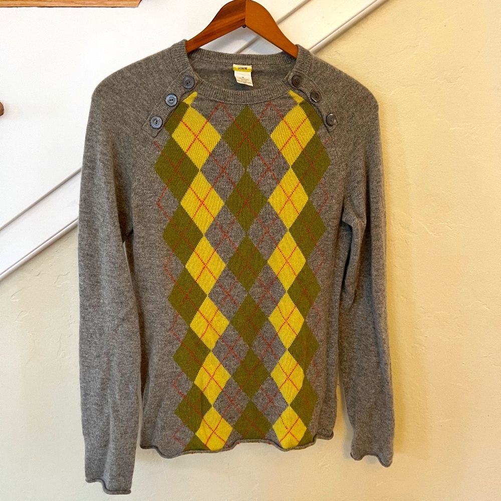 J Crew 100% Cashmere Argyle Sweater With Buttons